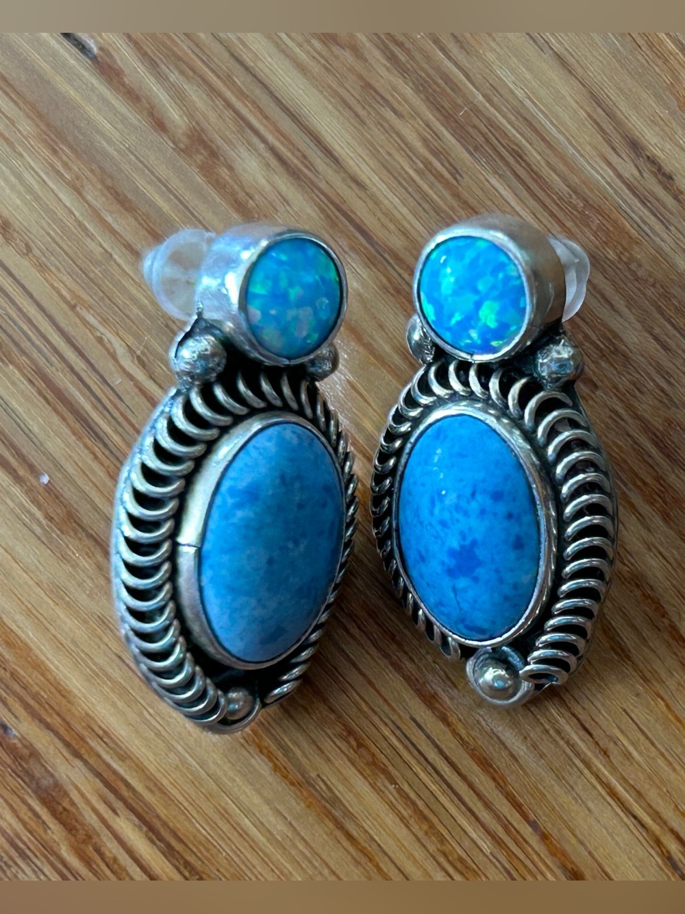 Vintage Native signed Denim Lapis, Opal and sterling earrings.